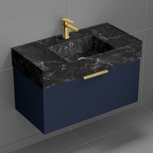 Nameeks DERIN967 Blue Bathroom Vanity With Black Marble Design Sink, Floating, 32 Inch